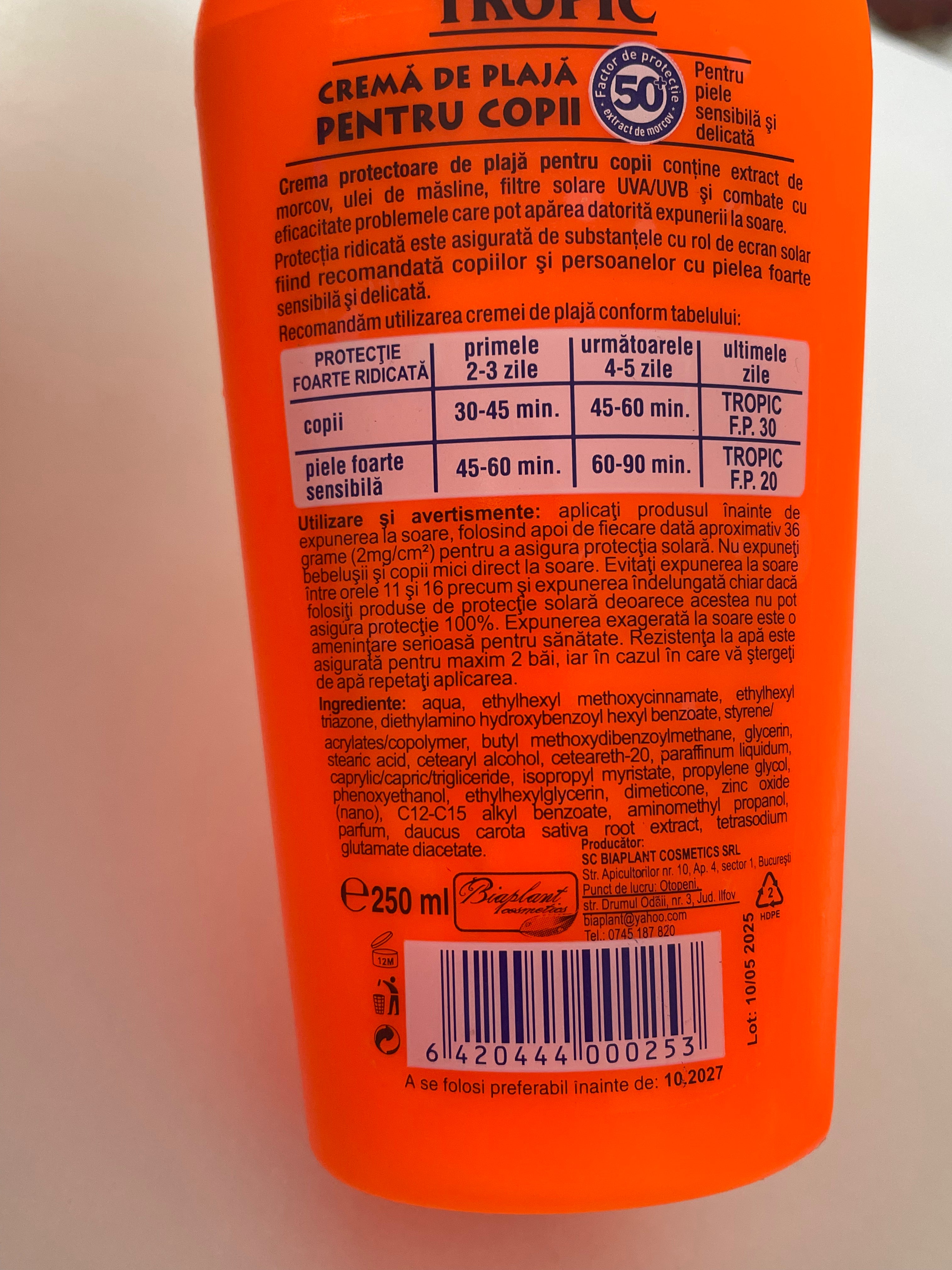 Crema plaja copii SPF 50 - TROPIC